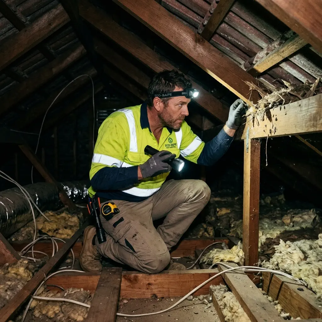 Technician inspecting a roof cavity for a dead animal in Gisborne